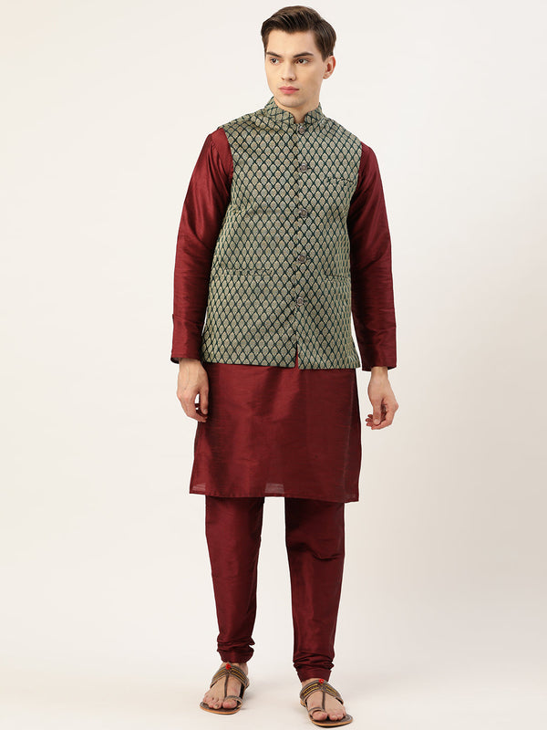 Men's Silk Blend Maroon Kurta Pyjama & Dark Green Nehrujacket Combo - Sojanya