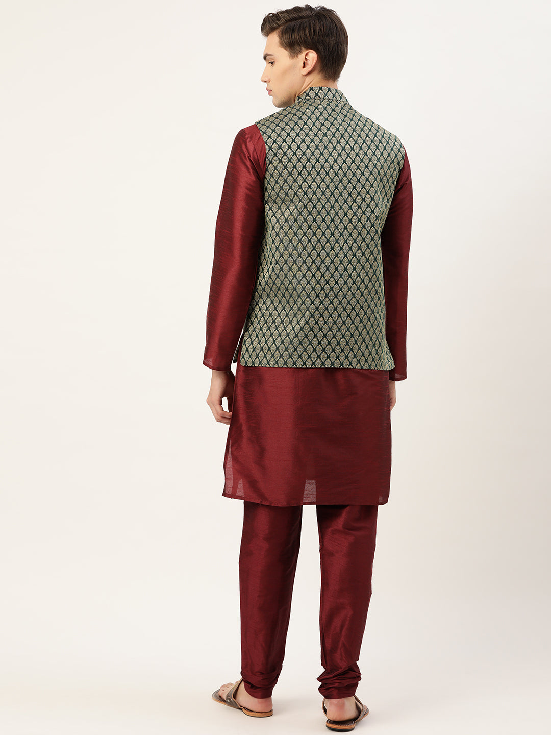 Men's Silk Blend Maroon Kurta Pyjama & Dark Green Nehrujacket Combo - Sojanya