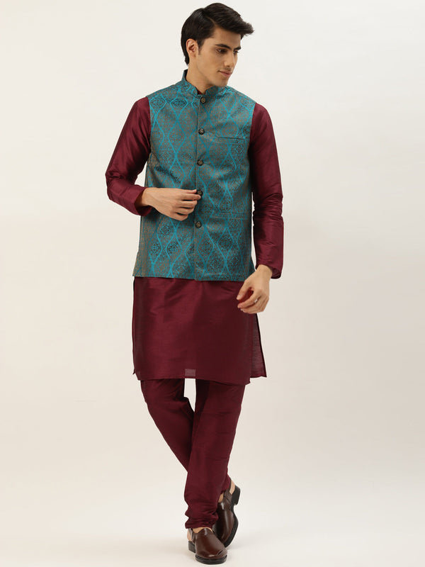 Men's Silk Blend Maroon Kurta Pyjama & Teal Blue Nehrujacket Combo - Sojanya