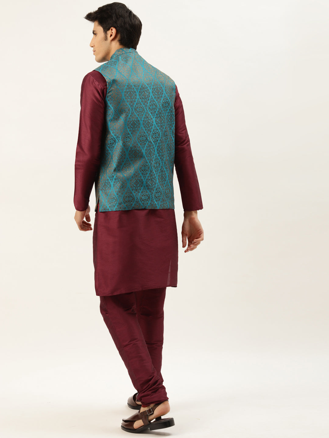 Men's Silk Blend Maroon Kurta Pyjama & Teal Blue Nehrujacket Combo - Sojanya