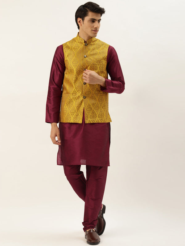 Men's Silk Blend Maroon Kurta Pyjama & Mustard Nehrujacket Combo - Sojanya