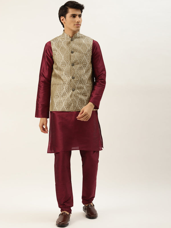 Men's Silk Blend Maroon Kurta Pyjama & Beige Nehrujacket Combo - Sojanya