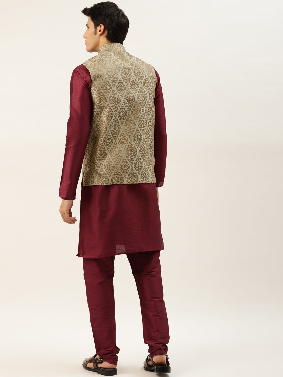 Men's Silk Blend Maroon Kurta Pyjama & Beige Nehrujacket Combo - Sojanya