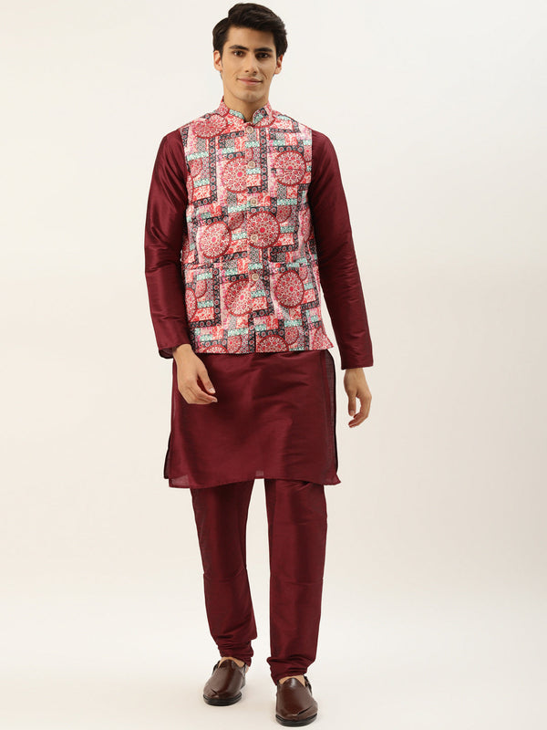 Men's Silk Blend Maroon Kurta Pyjama & Peach Nehrujacket Combo - Sojanya