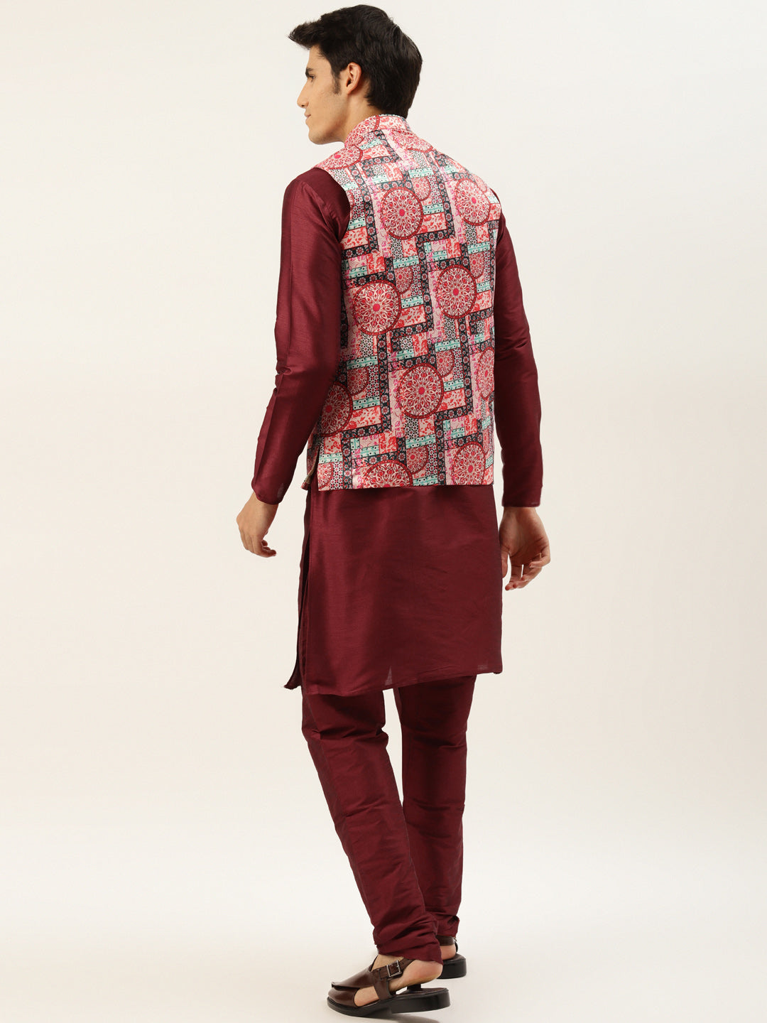 Men's Silk Blend Maroon Kurta Pyjama & Peach Nehrujacket Combo - Sojanya