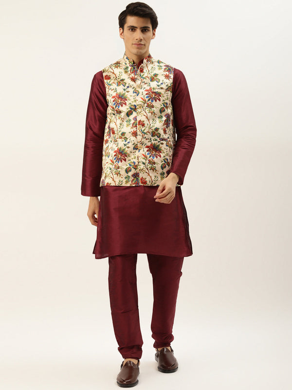 Men's Silk Blend Maroon Kurta Pyjama & Fawn Nehrujacket Combo - Sojanya