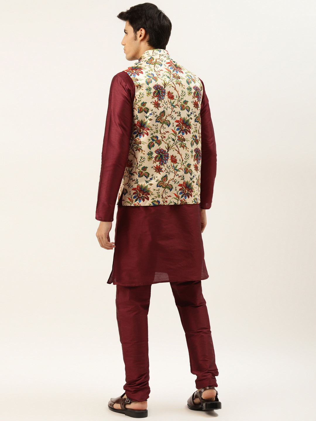 Men's Silk Blend Maroon Kurta Pyjama & Fawn Nehrujacket Combo - Sojanya