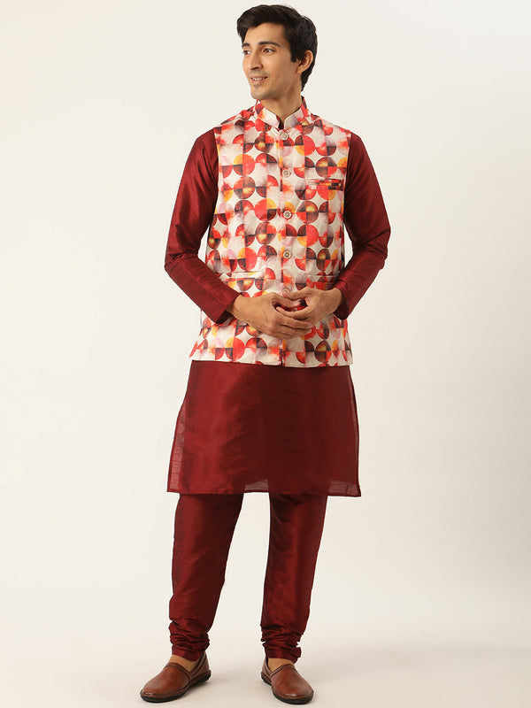 Men's Silk Blend Maroon Kurta Pyjama & Off White Nehrujacket Combo - Sojanya