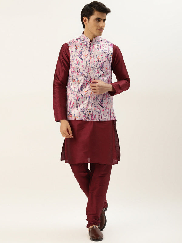 Men's Silk Blend Maroon Kurta Pyjama & Pink Nehrujacket Combo - Sojanya