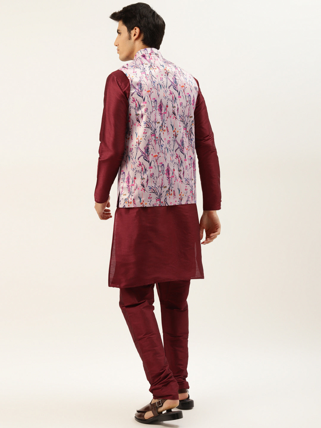 Men's Silk Blend Maroon Kurta Pyjama & Pink Nehrujacket Combo - Sojanya