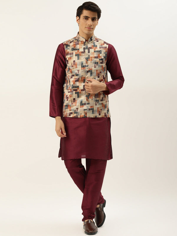 Men's Silk Blend Maroon Kurta Pyjama & Beige Nehrujacket Combo - Sojanya