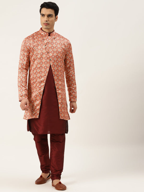 Men's Silk Blend Maroon Kurta Pyjama & Peach Sherwani Set - Sojanya