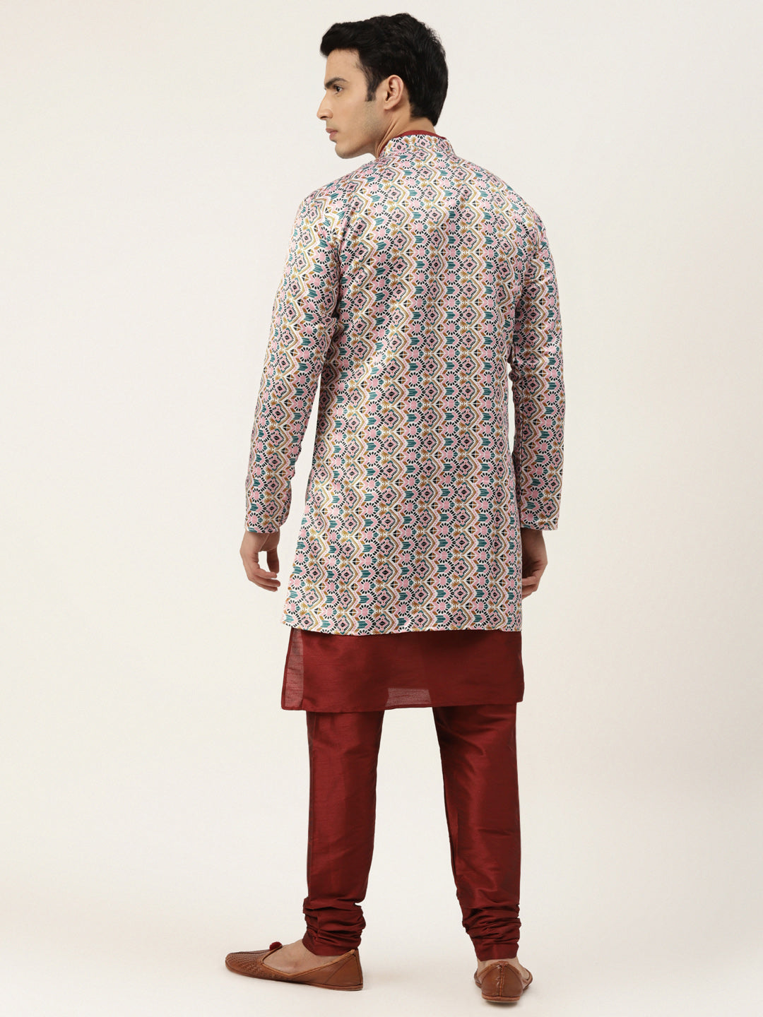 Men's Silk Blend Maroon Kurta Pyjama & White Sherwani Set - Sojanya