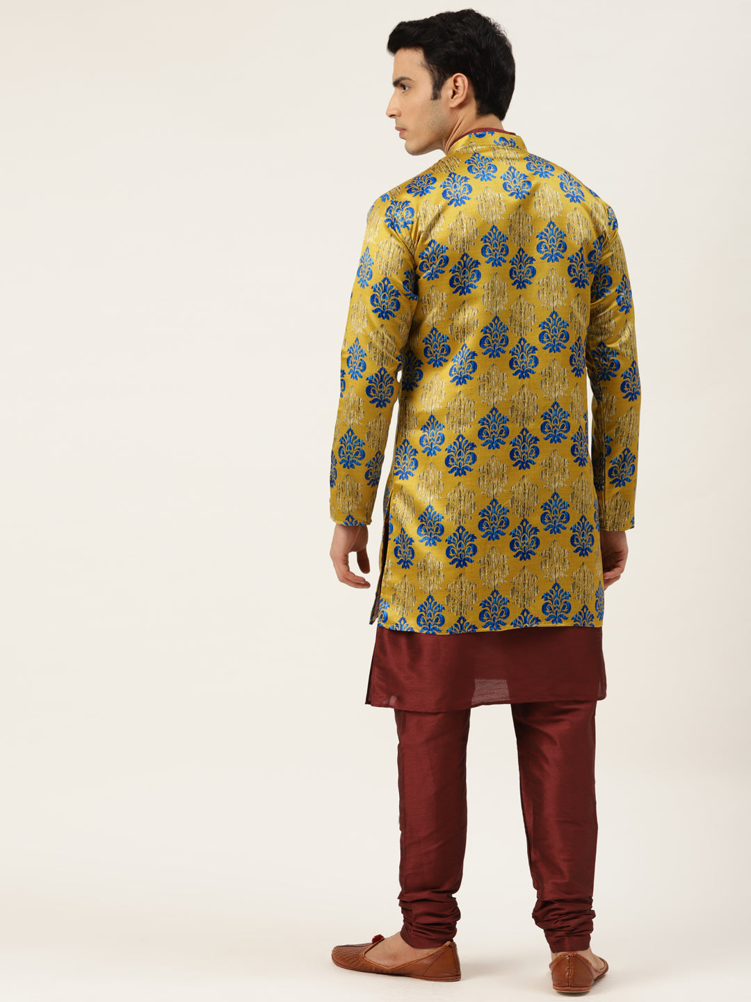 Men's Silk Blend Maroon Kurta Pyjama & Gold Sherwani Set - Sojanya