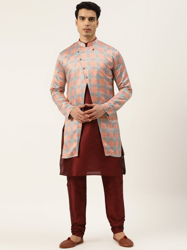 Men's Silk Blend Maroon Kurta Pyjama & Rust Sherwani Set - Sojanya