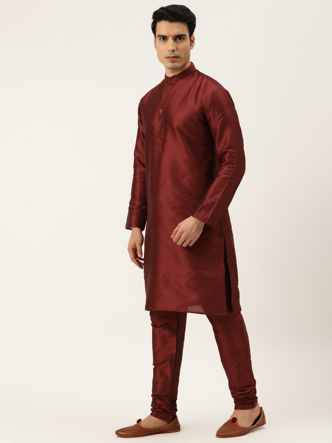 Men's Silk Blend Maroon Kurta Pyjama & Navy Sherwani Set - Sojanya