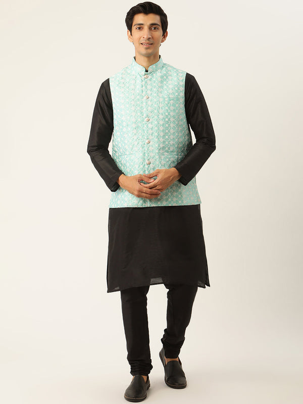 Men's Silk Blend Black Kurta Pyjama & Seagreen Nehrujacket Combo - Sojanya