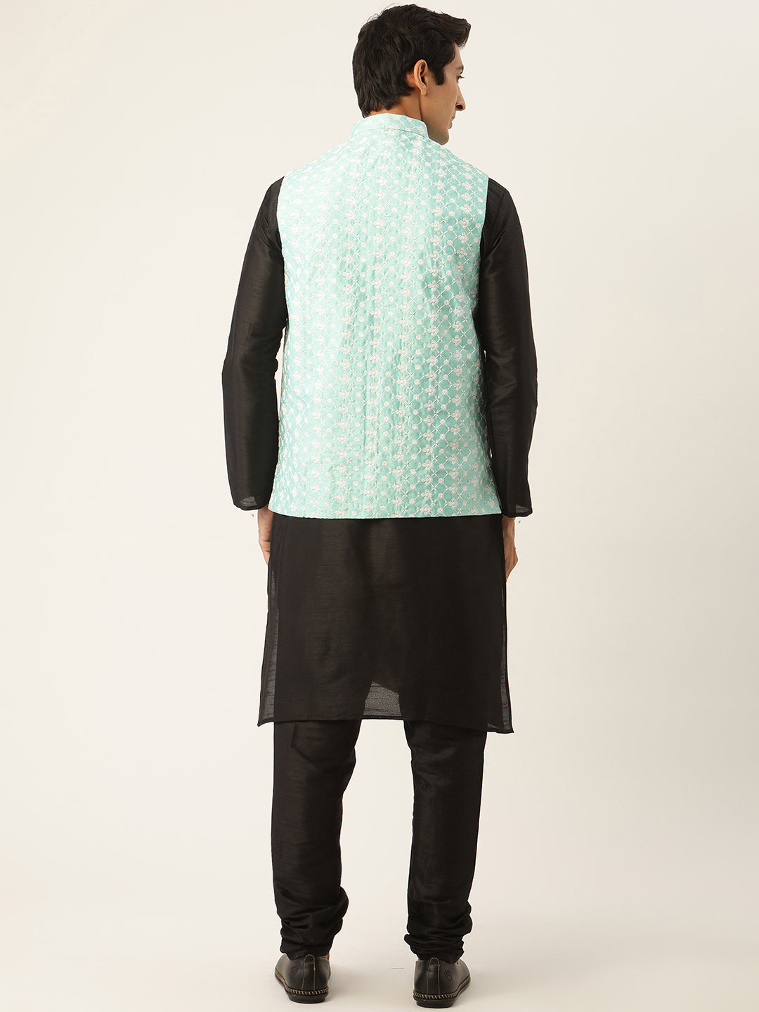 Men's Silk Blend Black Kurta Pyjama & Seagreen Nehrujacket Combo - Sojanya