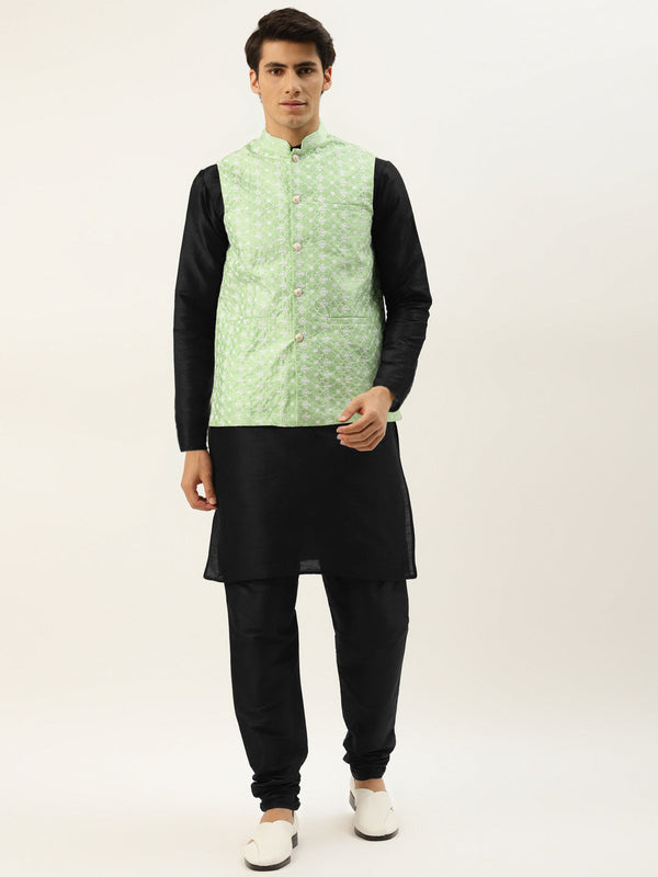 Men's Silk Blend Black Kurta Pyjama & Lightgreen Nehrujacket Combo - Sojanya