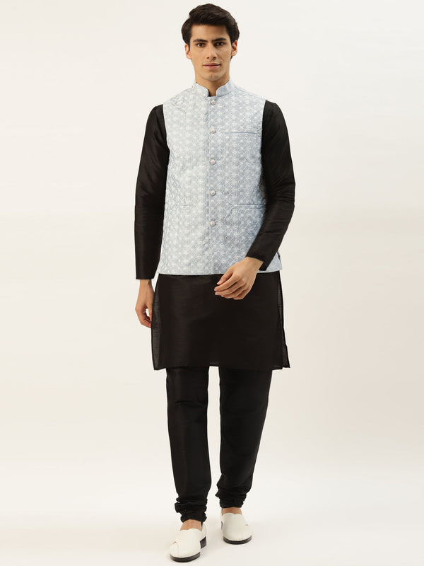 Men's Silk Blend Black Kurta Pyjama & Grey Nehrujacket Combo - Sojanya