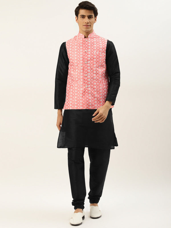 Men's Silk Blend Black Kurta Pyjama & Peach Nehrujacket Combo - Sojanya