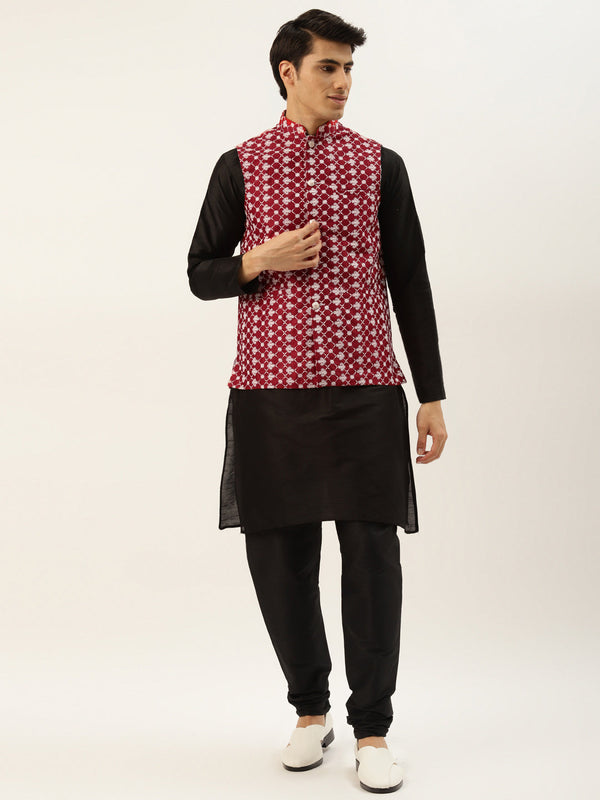 Men's Silk Blend Black Kurta Pyjama & Maroon Nehrujacket Combo - Sojanya