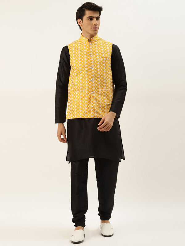 Men's Silk Blend Black Kurta Pyjama & Yellow Nehrujacket Combo - Sojanya