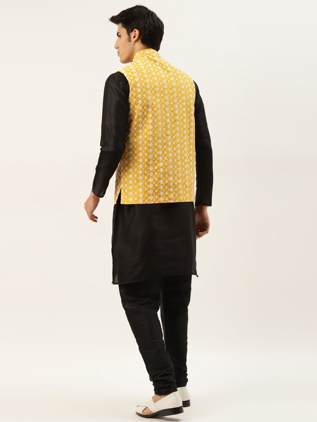 Men's Silk Blend Black Kurta Pyjama & Yellow Nehrujacket Combo - Sojanya