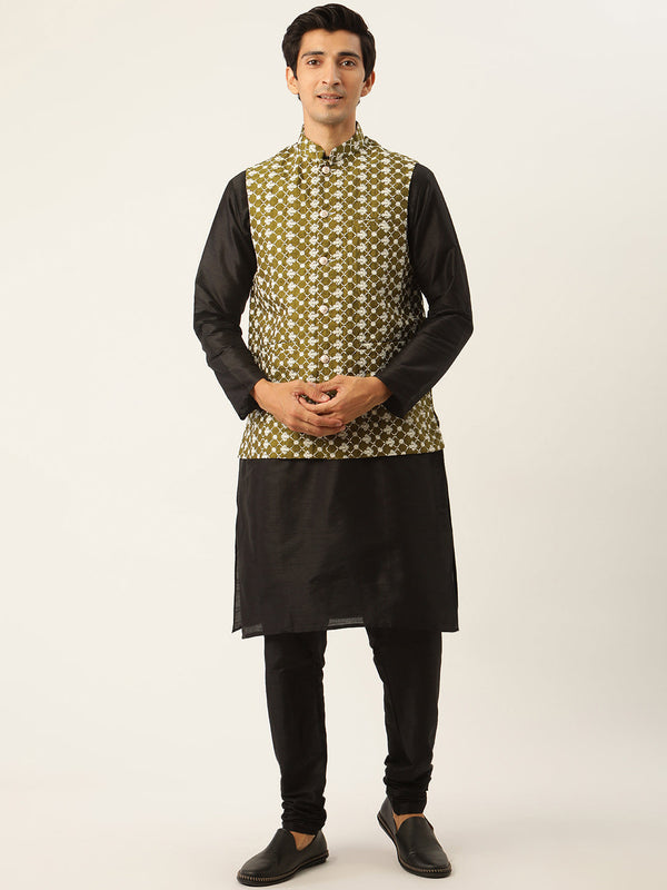 Men's Silk Blend Black Kurta Pyjama & Dark Green Nehrujacket Combo - Sojanya