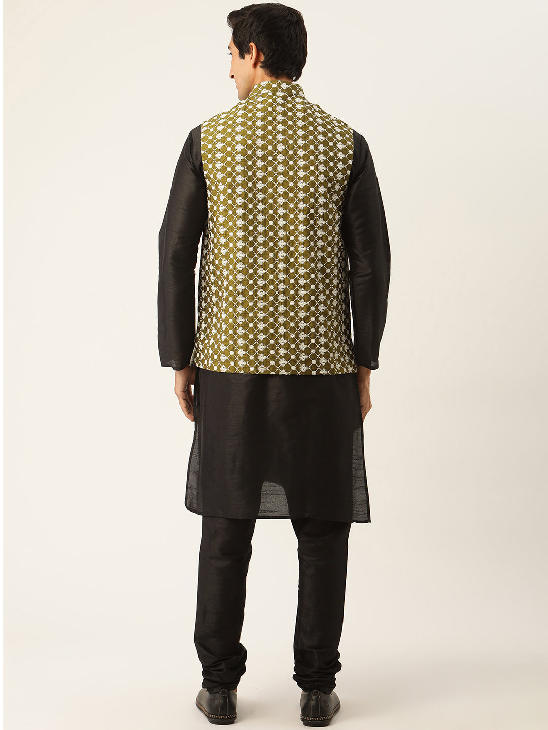 Men's Silk Blend Black Kurta Pyjama & Dark Green Nehrujacket Combo - Sojanya