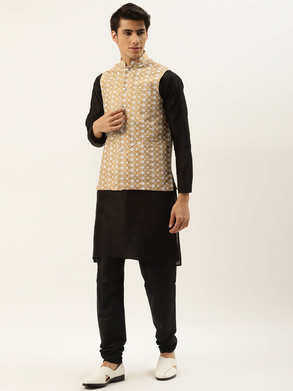 Men's Silk Blend Black Kurta Pyjama & Dark Gold Nehrujacket Combo - Sojanya