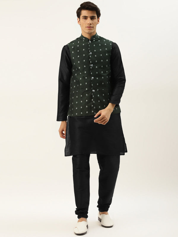 Men's Silk Blend Black Kurta Pyjama & Dark Green Nehrujacket Combo - Sojanya