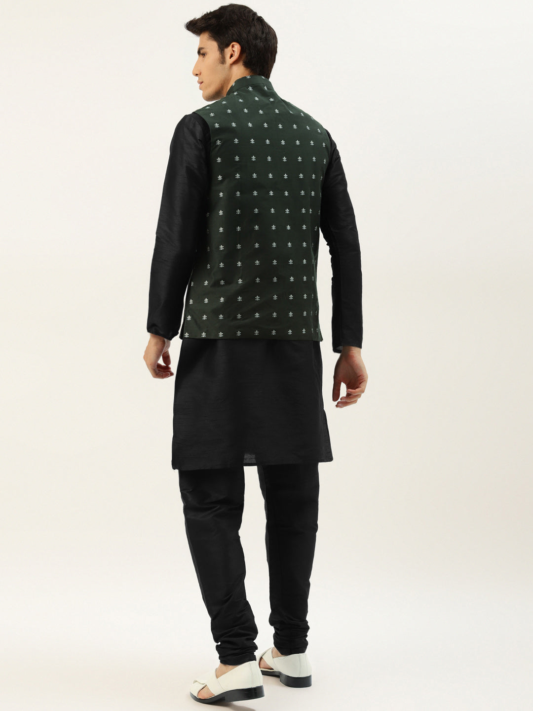 Men's Silk Blend Black Kurta Pyjama & Dark Green Nehrujacket Combo - Sojanya