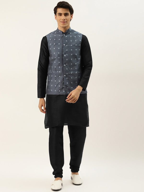 Men's Silk Blend Black Kurta Pyjama & Grey Nehrujacket Combo - Sojanya