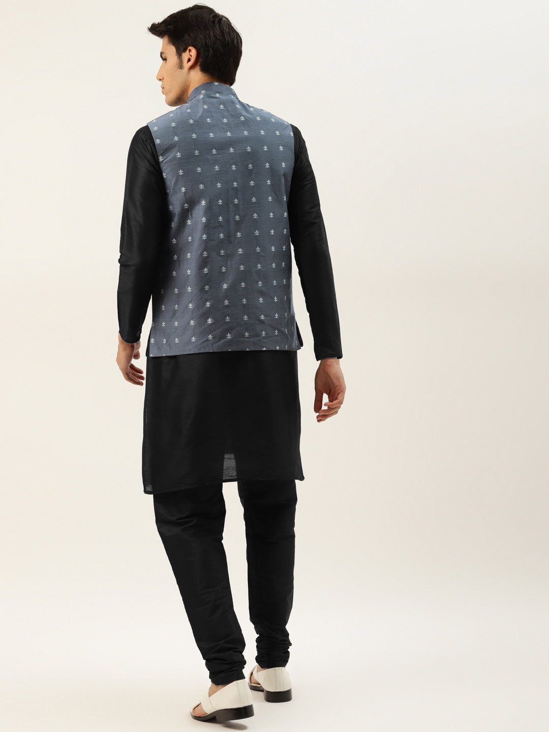 Men's Silk Blend Black Kurta Pyjama & Grey Nehrujacket Combo - Sojanya