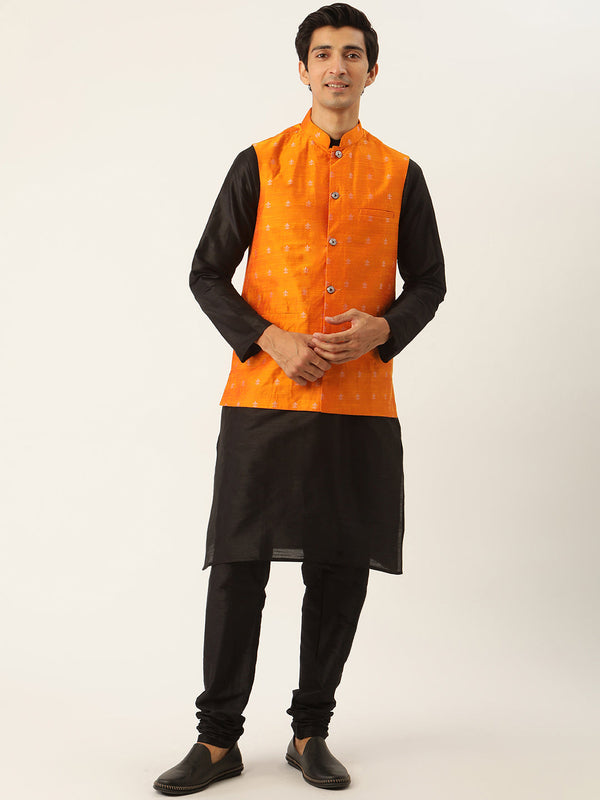 Men's Silk Blend Black Kurta Pyjama & Orange Nehrujacket Combo - Sojanya