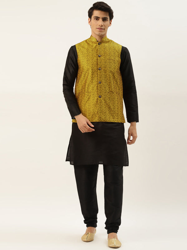 Men's Silk Blend Black Kurta Pyjama & Mustard Nehrujacket Combo - Sojanya