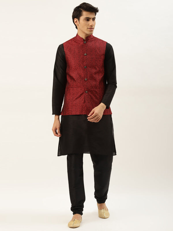 Men's Silk Blend Black Kurta Pyjama & Maroon Nehrujacket Combo - Sojanya