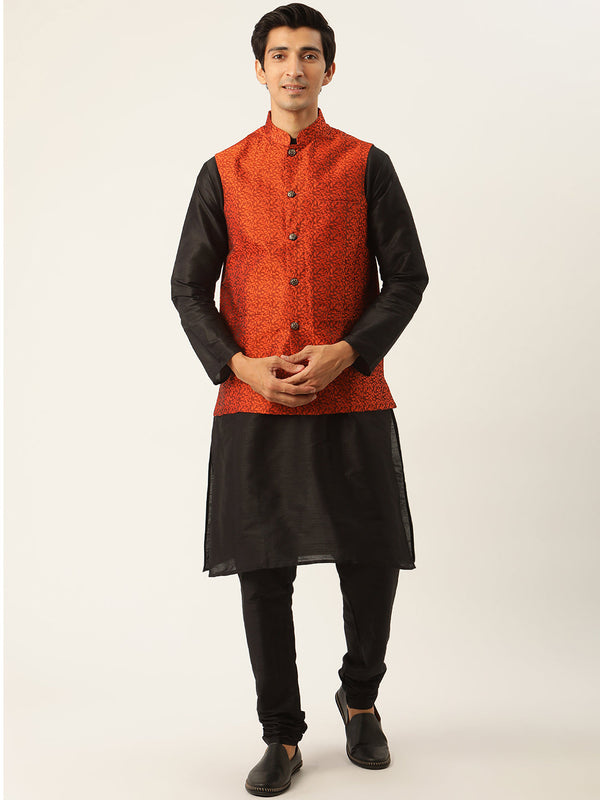 Men's Silk Blend Black Kurta Pyjama & Orange Nehrujacket Combo - Sojanya