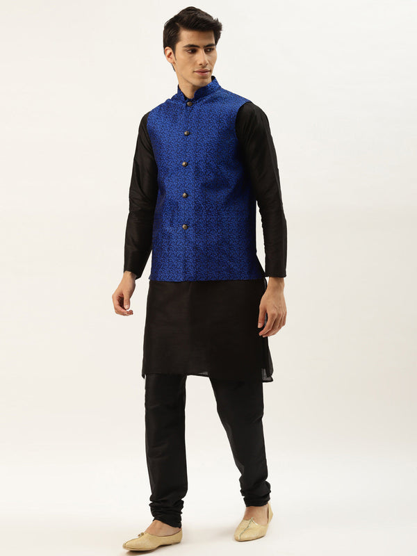 Men's Silk Blend Black Kurta Pyjama & Royalblue Nehrujacket Combo - Sojanya