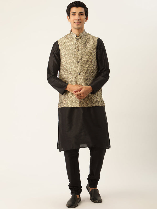 Men's Silk Blend Black Kurta Pyjama & Gold Nehrujacket Combo - Sojanya