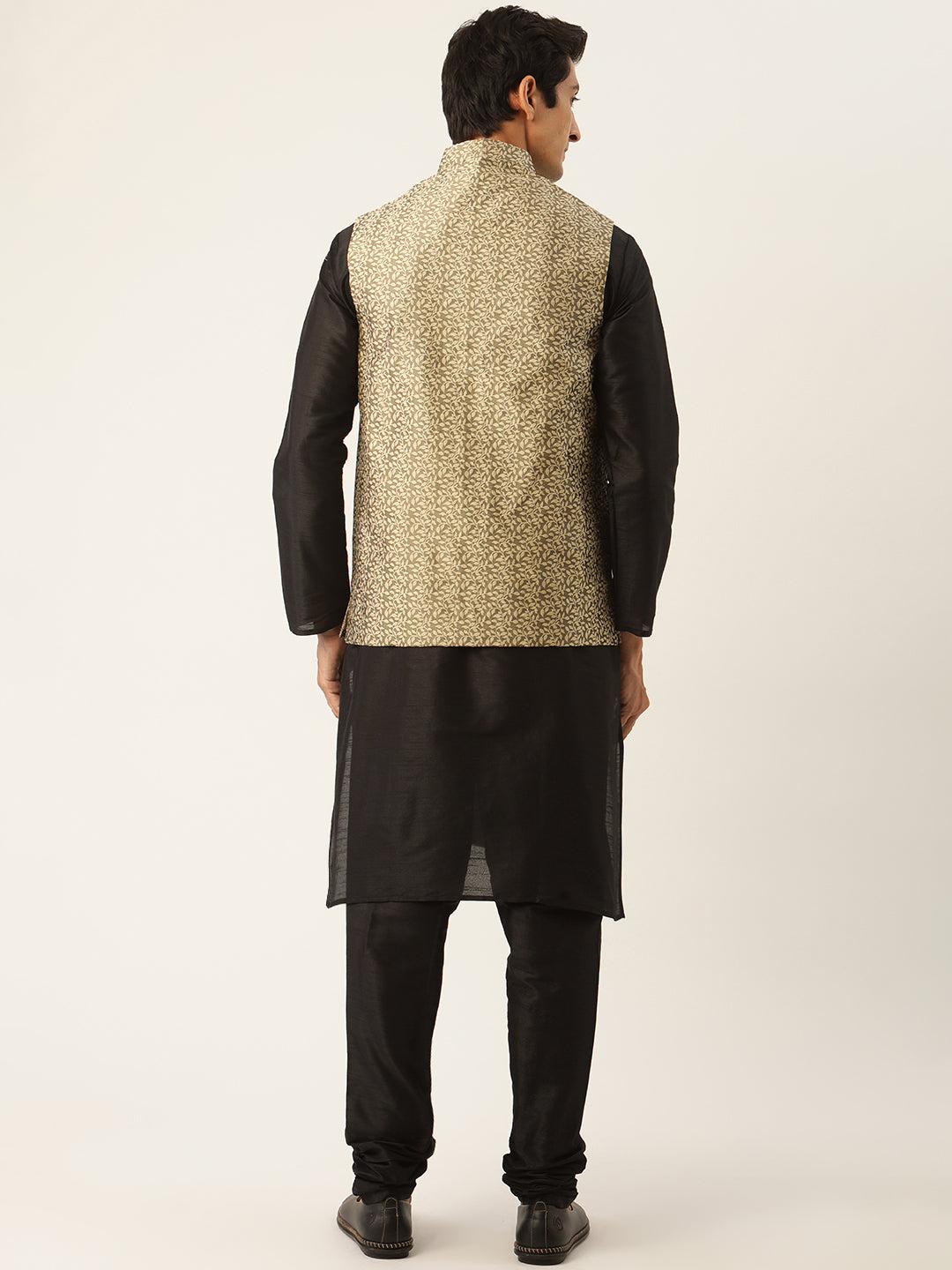 Men's Silk Blend Black Kurta Pyjama & Gold Nehrujacket Combo - Sojanya