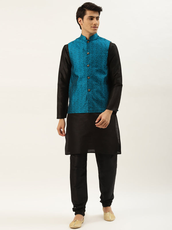 Men's Silk Blend Black Kurta Pyjama & Tealblue Nehrujacket Combo - Sojanya