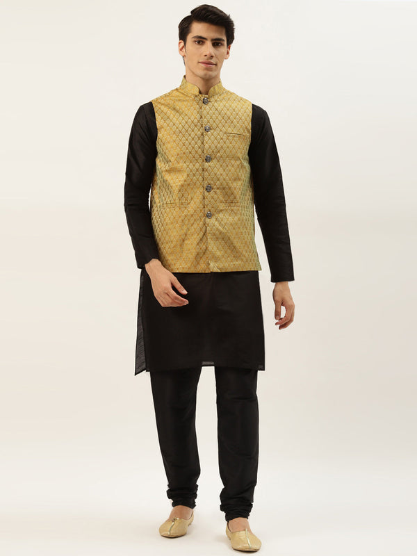 Men's Silk Blend Black Kurta Pyjama & Mustard Nehrujacket Combo - Sojanya