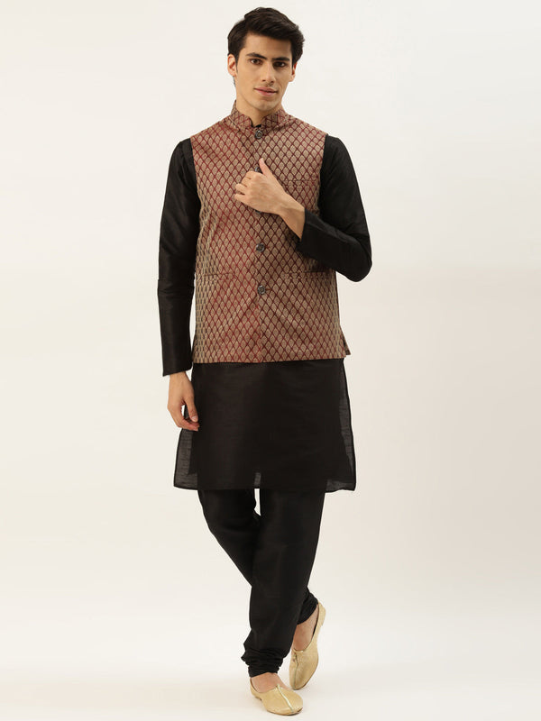 Men's Silk Blend Black Kurta Pyjama & Maroon Nehrujacket Combo - Sojanya