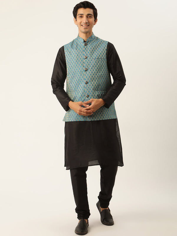 Men's Silk Blend Black Kurta Pyjama & Peacockblue Nehrujacket Combo - Sojanya