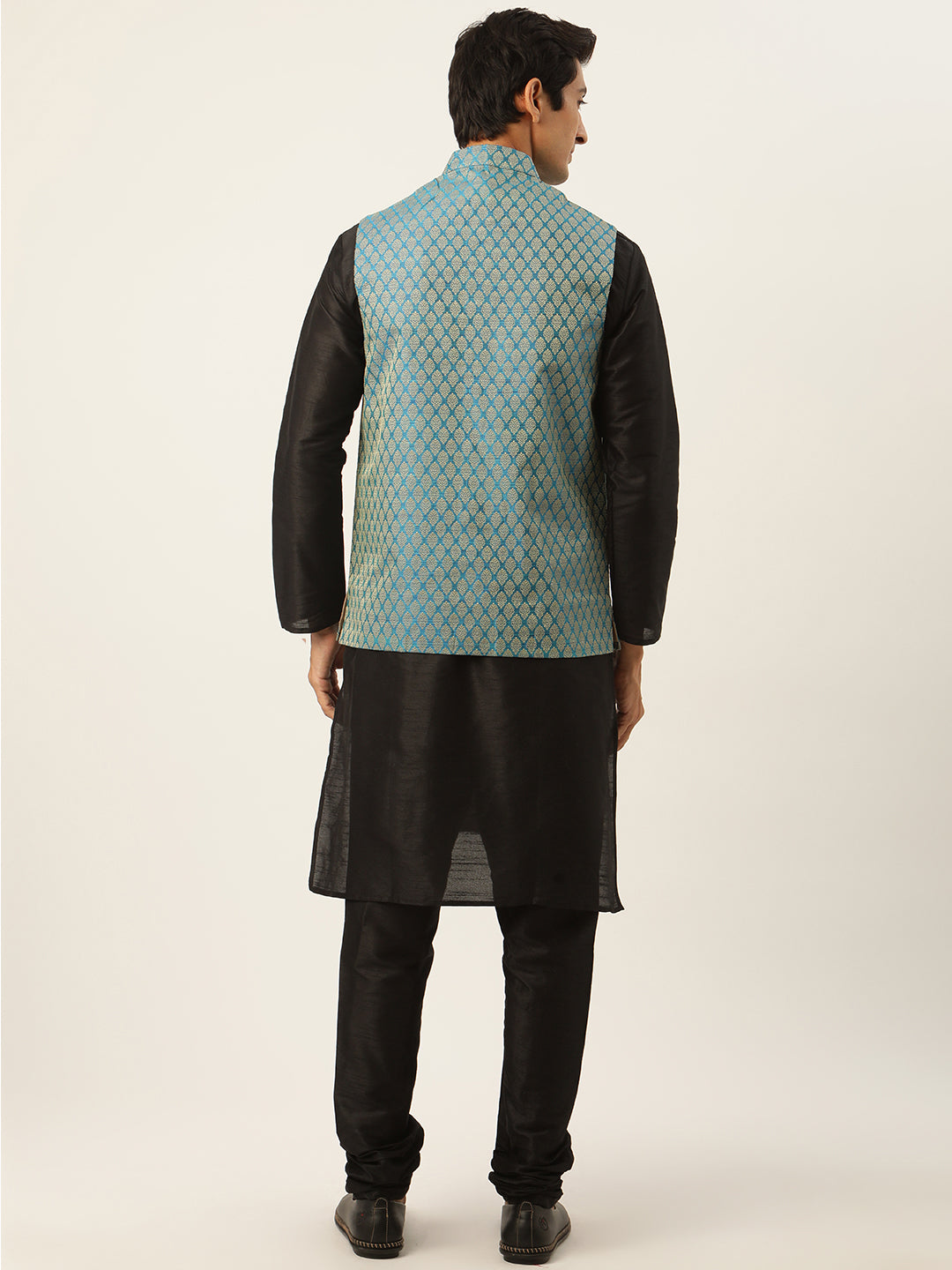 Men's Silk Blend Black Kurta Pyjama & Peacockblue Nehrujacket Combo - Sojanya