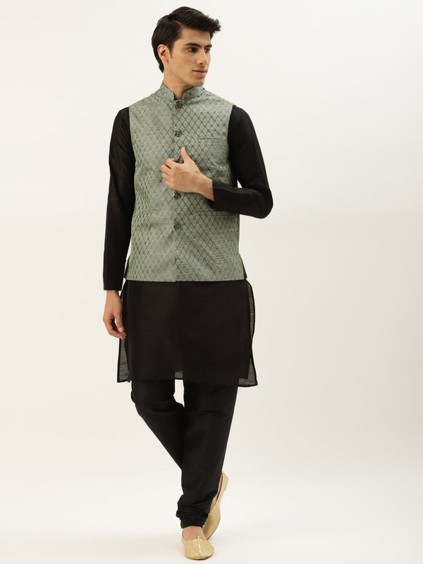 Men's Silk Blend Black Kurta Pyjama & Teal Green Nehrujacket Combo - Sojanya