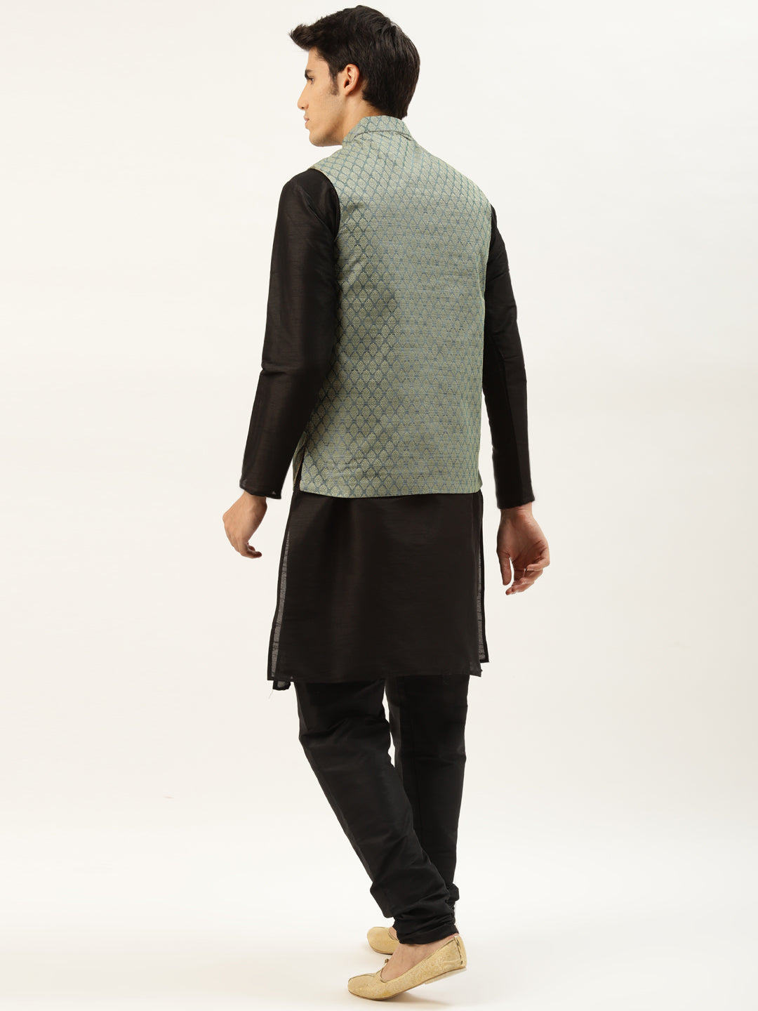 Men's Silk Blend Black Kurta Pyjama & Teal Green Nehrujacket Combo - Sojanya