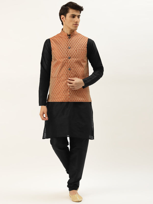 Men's Silk Blend Black Kurta Pyjama & Orange Nehrujacket Combo - Sojanya